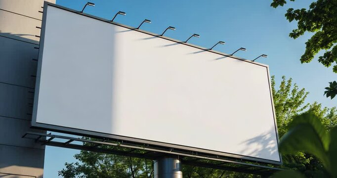 A large empty poster mockup; a white template placeholder for an advertising billboard surrounded by trees; a blank mock-up of an outdoor information banner.