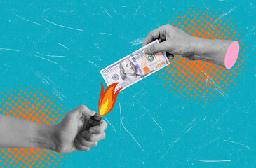 Modern art art collage image of money burning on a blue background.