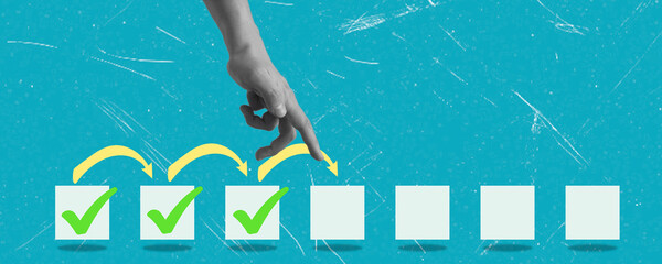 Hand interacting with checkboxes on a bright teal background indicating task completion and...