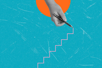 Modern art collage picture of a hand holding a ballpoint pen, drawing a ladder on a blue background.