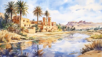 Siwa Oasis Watercolor: Desert Serenity - Peaceful oasis, reflecting calm waters, ancient buildings, palm trees, desert landscape. Symbolizing tranquility, history, nature, resilience, and beauty