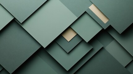 Fototapeta premium Abstract geometric pattern of overlapping squares in muted shades of green and beige.
