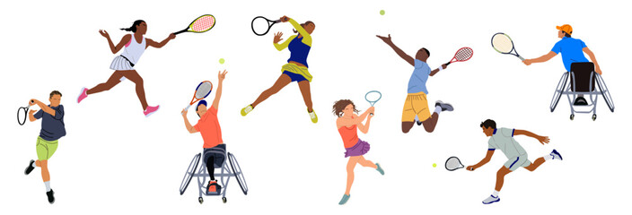 Set of sports men and women big tennis players.
