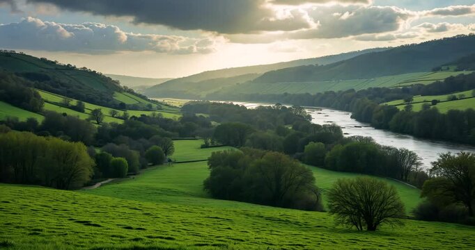 Beautiful scenery featuring a river and a hillside. Although the sky is overcast, the sun manages to shine through. The atmosphere is calm and tranquil, with the river flowing softly.
