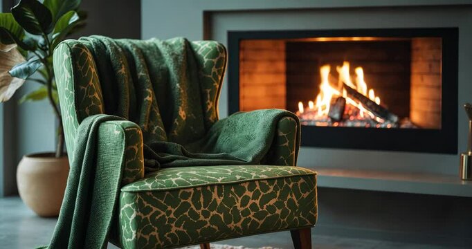 Chair next to a warm fireplace with a crackling fire.