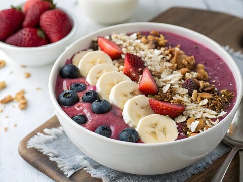  A colorful smoothie bowl with blended acai, banana, and berries, topped with granola, coconut flakes, and fresh fruit slices.