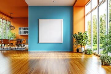 Modern Colorful Interior with Blank Frame, Plants, Table, Wooden Floor and Large Windows