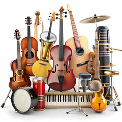 musical instruments on white background