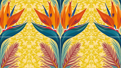 Exotic Bird of Paradise Flat Craft Symmetrical Tile Design: Vibrant Color Splash for Home Decor - Lively Layout with Bold Petals in Cute Vector Illustration Style