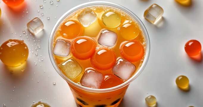 Bubble Tea, Set Against a White Background - Vibrant, Refreshing Orange Boba Beverage with Fruit-Flavored Fizzy Jellies and Ice Cubes, Moist with Water Droplets