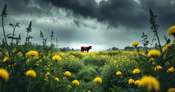 Cattle Roaming In Flowering Meadow