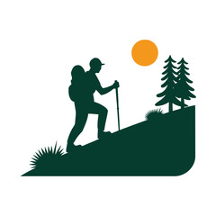 A hiker walking uphill with a backpack and trekking pole logo vector isolated white background