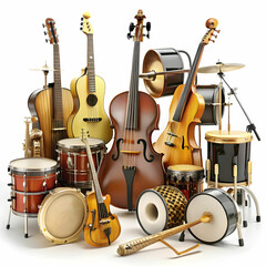 musical instruments on white background