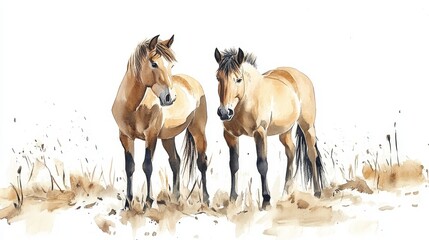 Obraz premium Watercolor Horses of Khustain Nuruu - Two light brown horses stand in a field of tan grass, symbolizing freedom, nature, Mongolia, wildlife, and serenity