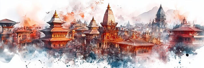 Watercolor Kathmandu Nepal Cultural Heritage