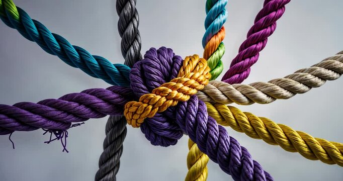 Broken team and fractured industry partnership and divided teamwork idea as a small business metaphor for disassembling a large team represented as diverse ropes intertwined as a corporate emblem.