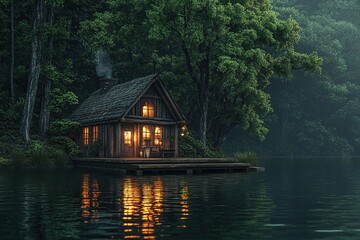 Obraz premium Rustic Cabin on Water with Glowing Windows, Surrounded by Forest and Reflections
