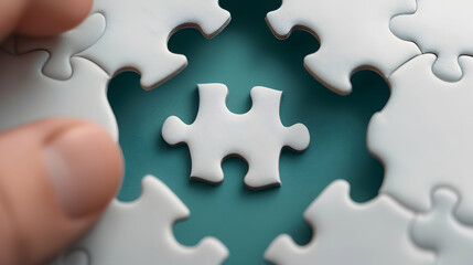 Obraz premium Hand Placing Final White Jigsaw Puzzle Piece on Teal Background