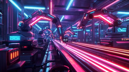 Futuristic automated assembly line with robotic arms neon illuminated scene
