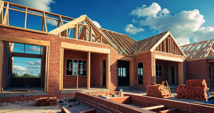 Constructing a house. The structure of the house. The initiation of the house construction. The house is constructed with red brick along with a frame for the future roof.