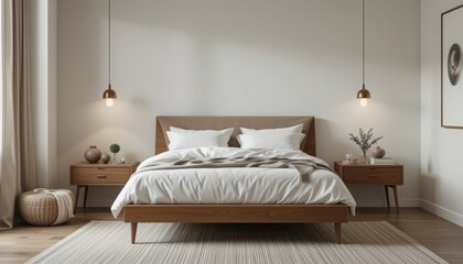 Ultra-Realistic Nordic Bedroom – Airy Minimalist Space with Jute Rug & Woven Basket – Clean Lines, Neutral Tones & Subtle Hygge Details, 3D Render Template