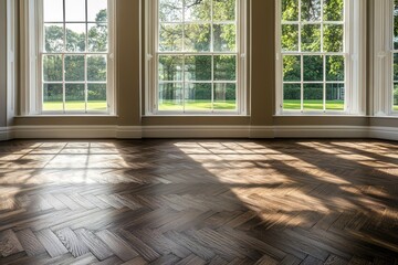Fototapeta premium Bright Room with Herringbone Wood Floor, White Framed Windows & Nature View Sunlight