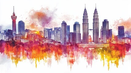 Obraz premium Watercolor Kuala Lumpur Skyline - Vibrant watercolor painting of Kuala Lumpur's iconic skyline, symbolizing modernity, culture, diversity, progress, and tourism
