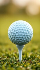 White golf ball perched on tee, ready for drive, summer, fairway