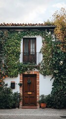 A delightful house adorned with lush vines and blooming plants invites passersby. The wooden door and windows exude a sense of warmth and history under soft afternoon light