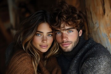 Two people wear sweaters.