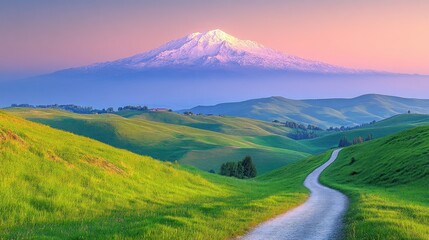 Fototapeta premium Serene mountain landscape at dawn. Rolling hills of vibrant green grass meet a winding dirt road leading to a majestic snow-capped volcano, bathed in the soft light of sunrise