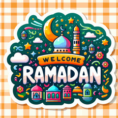 Islamic holiday banner FLAT VECTOR WITH KID PRAY AT NIGHT HOLDING QURAN