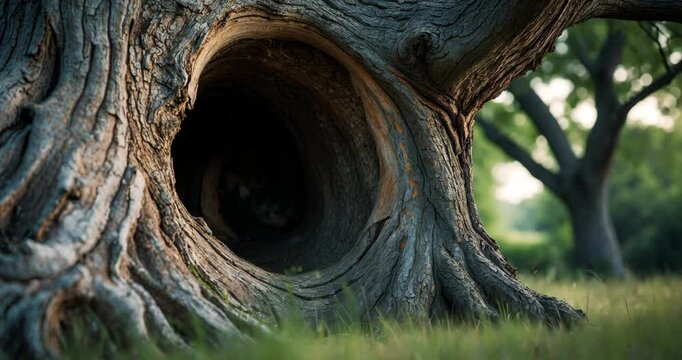 Cave, cavity in an ancient twisted tree, shelter for animals