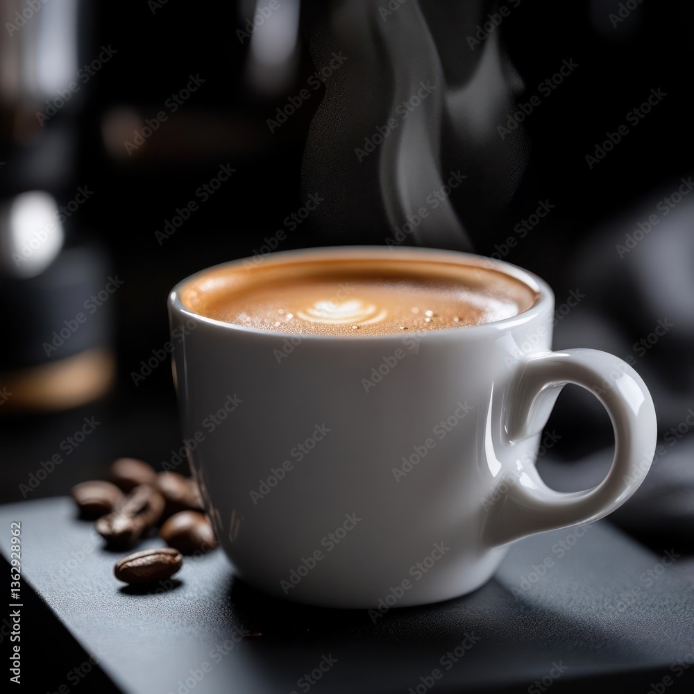 Poster steaming coffee cup with latte art on dark background