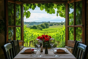 Fototapeta premium Vineyard Vista Dinner Table with Wine Glasses and Red Flowers Framed by Open Window