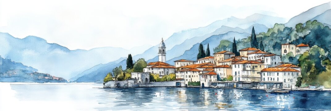 Watercolor Lake Como Italian Village Panorama - Serene watercolor painting of an Italian lakeside village nestled amongst mountains. It evokes tranquility, beauty, travel, history, and charm