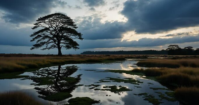 Beautiful heathland scenery featuring stunning cloudy skies and a vibrant landscape.