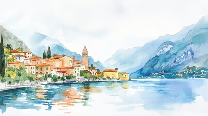 Fototapeta premium Watercolor Lake Garda Italian Lakeside Town - Serene watercolor painting of an Italian lakeside town nestled amongst mountains, symbolizing tranquility, beauty, travel, escape, and picturesque scenery