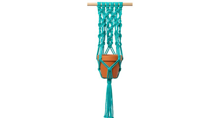 Fototapeta premium Decorative macrame wall hanging with turquoise cords and terracotta flower pot, perfect for home decor and indoor gardening styles.