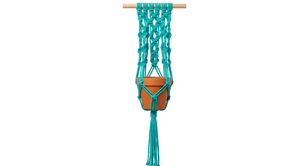 Decorative macrame wall hanging with turquoise cords and terracotta flower pot, perfect for home decor and indoor gardening styles.
