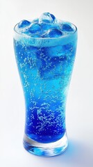 A refreshing blue drink filled with ice cubes, glistening under the light. The vibrant hue suggests a tropical flavor, garnished with a slice of lemon and a colorful straw.