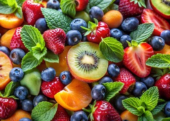 Obraz premium Close-up of colorful fruit with blueberries, apricots, and strawberries on top of kiwi fruits and mint leaves