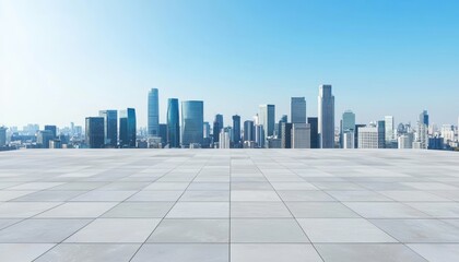 Obraz premium A panoramic view of a modern city skyline on a clear day, featuring tall buildings and a spacious concrete rooftop in the foreground.