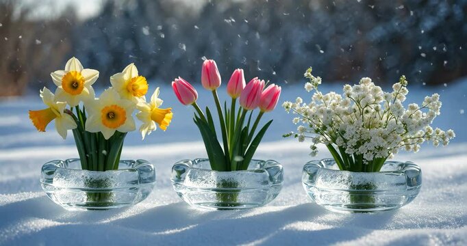 Stunning floral arrangement featuring daffodil, tulip, and gypsophila blooms in ice crystal vases and on the snow. Winter craft and outdoor decoration idea.