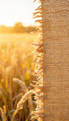 Rustic woven flax fabric catching golden hour light, countryside charm