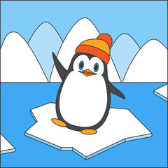 A penguin with a stylish hat is comfortably sitting on a piece of ice