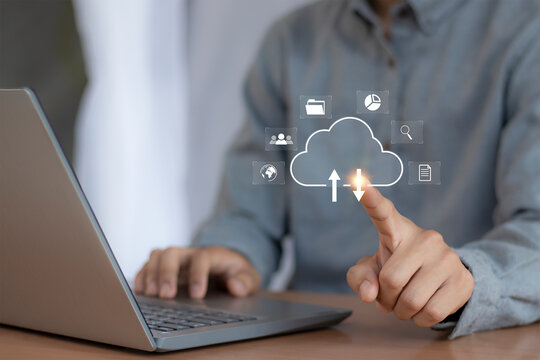 cloud computing shown in hand cloud technology data storage, data transfer, network and internet service concept, internet storage network technology	