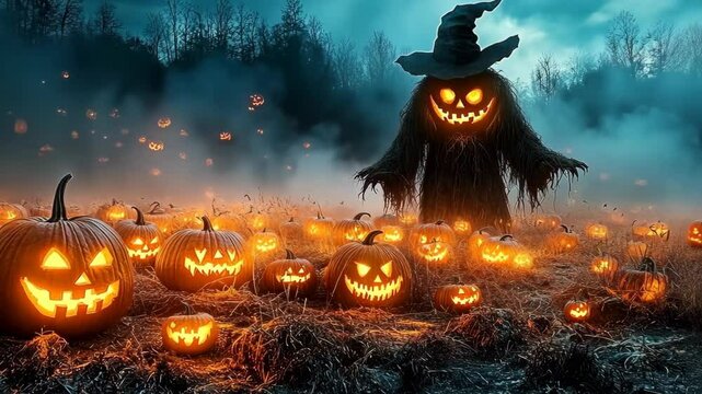  Halloween Concept. A creepy pumpkin patch at twilight, glowing jack-o'-lanterns with eerie faces, mist creeping between the rows, and a silhouette of a scarecrow coming to life in the background.