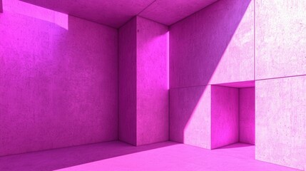 A vibrant pink concrete room with geometric shapes and sharp shadows, creating a modern, artistic atmosphere.