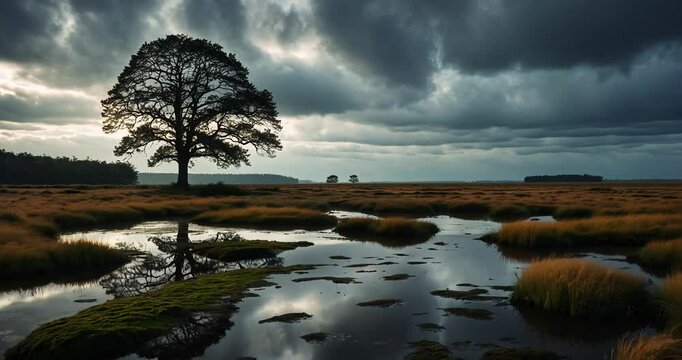 Beautiful heathland scenery featuring stunning cloudy skies and a vibrant landscape.